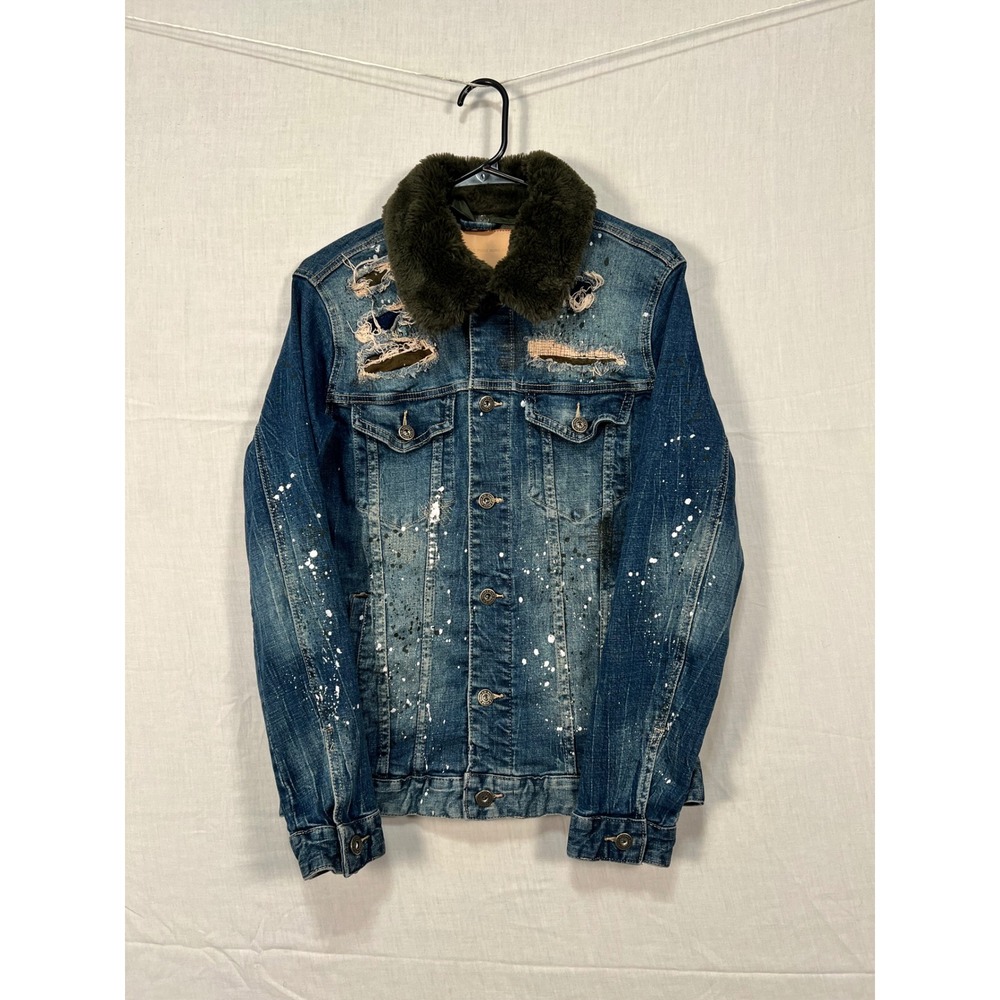 Smoke Rise DNM CO Distressed Denim Jacket Faux Fur Collar Paint Splatter Blue